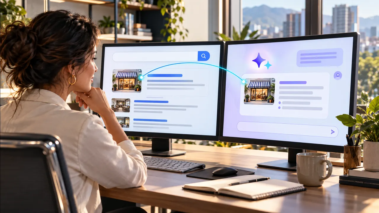 Dos rutas de búsqueda, SEO y AEO, conectadas con una estrategia digital.